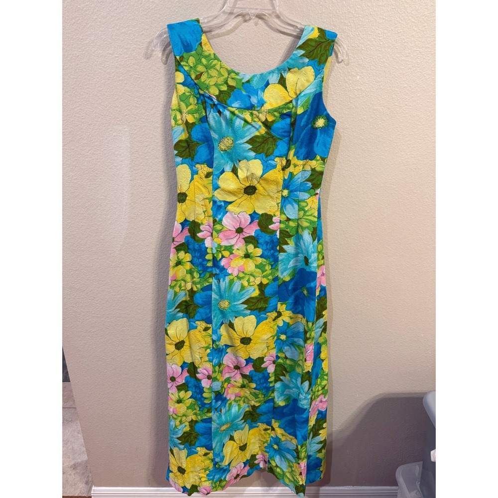 Tori Richard Honolulu Floral Maxi Dress Vintage Blue Yellow Pink Sleeveless Midi